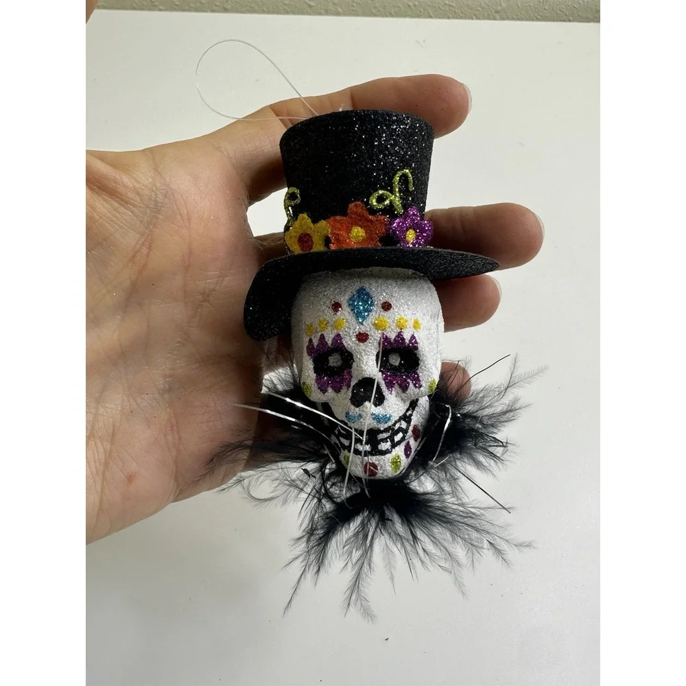 Pier 1 Halloween Ornament Day of Dead Top Hat Witch Hat Glitter Hanging Set 2